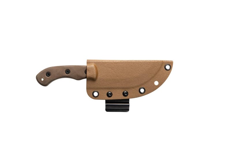 Tops Knives Tom Brown Tracker #4 Full Tang Fixed Blade- Coyote Tan Coating Blade Finish- Coyote Tan Kydex Sheath w/Multi-Position Spring Steel Clip (Green Canvas Micarta Handle) - Image 4